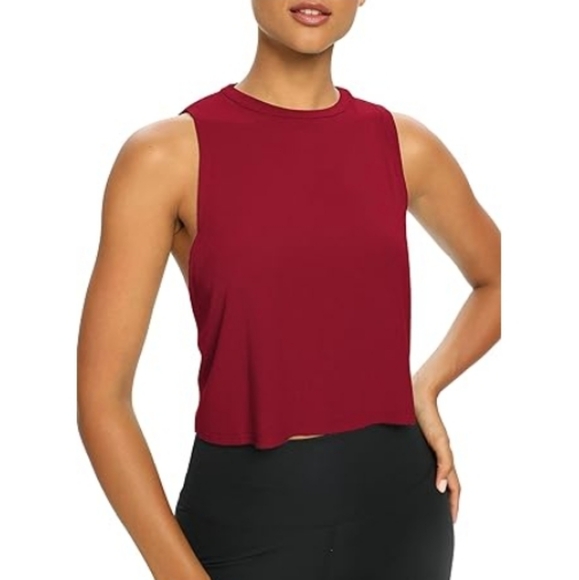 Bestisn Open Back Workout Cropped Loose Fit Ribbed Athletic Top Red - Picture 2 of 6